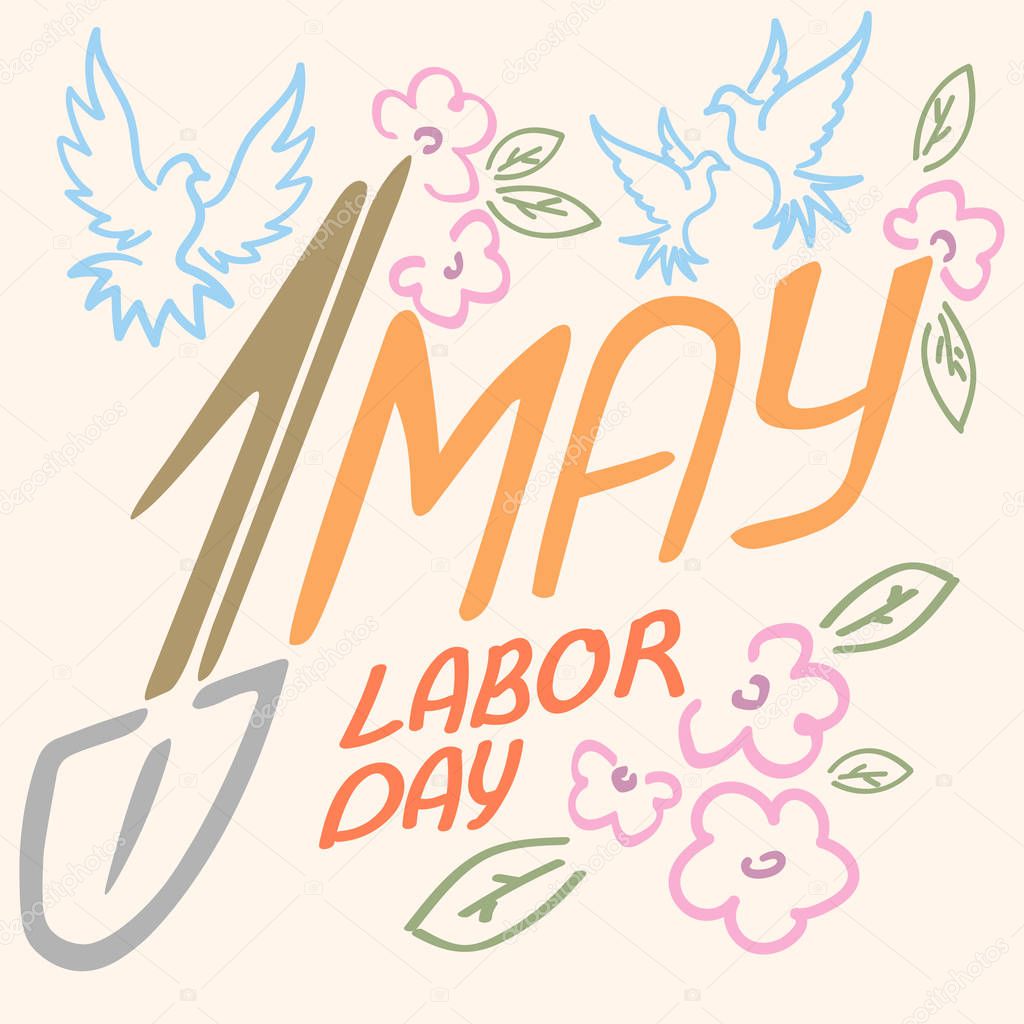 May 1 Labor Day logo symbol of pigeon, spring flowers spade holiday weekend