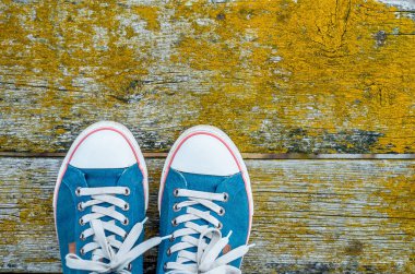 Moss ağacının eski ahşap zemin üzerinde spor ayakkabı.