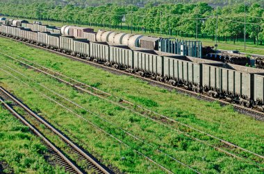 Demiryolu marshalling bahçede çim, navlun tren demiryolu vagonu.