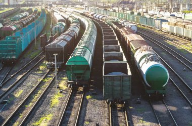 Kargo tren vagon platformu konteyner ile gün batımında.