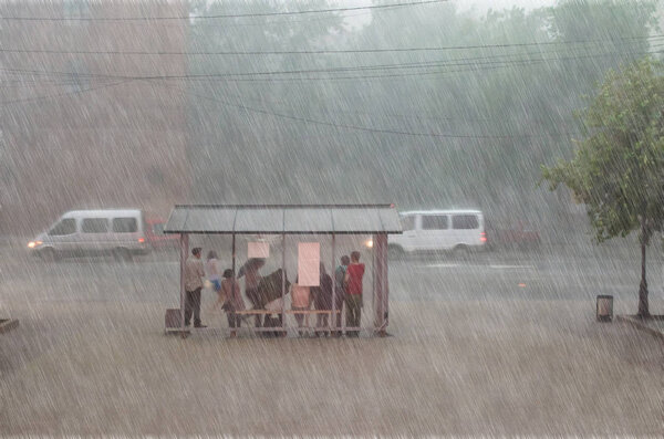 Crowd of people are hiding from heavy rain at a stop in the city