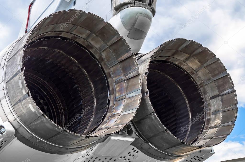 Huge turbines of the aircraft engine of a military fighter