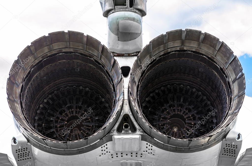 Huge turbines of the aircraft engine of a military fighter
