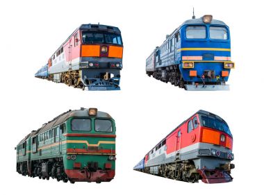 Beyaz arka plan üzerinde izole tren lokomotifler kümesi