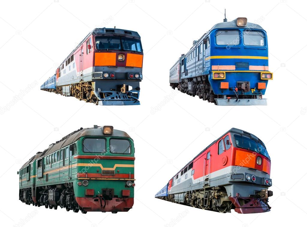 Set of train locomotives isolated on white background