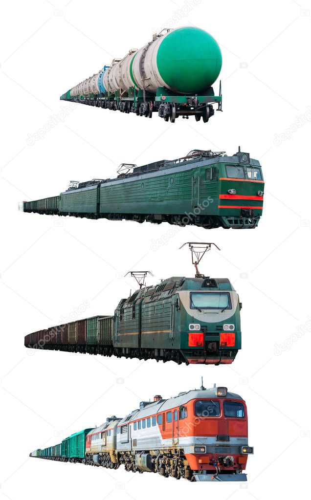 Set of train locomotives freight train isolated on white background