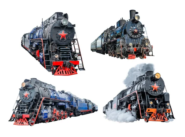 Набор изолированных железнодорожных локомотивов на белом фоне — стоковое фото