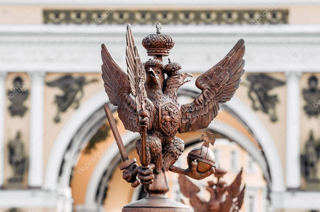 Two-headed eagles on the fence around the pillar of Alexandria, on Palace Square In St. Petersburg