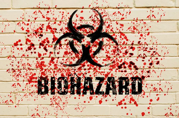 Signo de peligro biológico en la pared con aerosoles tóxicos rojos en la pared — Foto de Stock