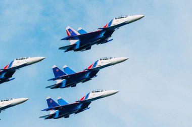 Russian Knights demonstration flights. Russia, Moscow, airport Zhukovsky. July 22, 2017 clipart