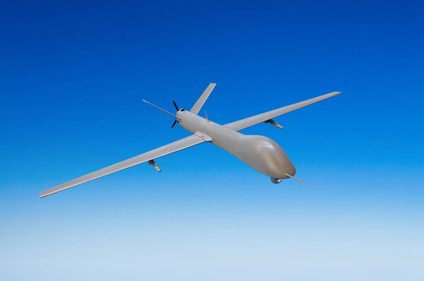 Unmanned military aircraft on white background blue sky