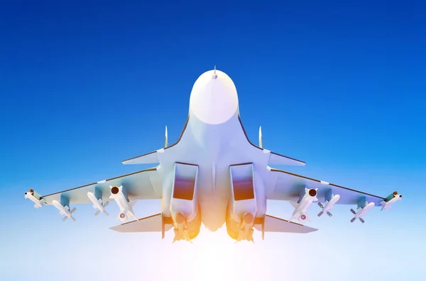 Military fighter jet against a blue sky with a backlight from below — Stock Photo, Image