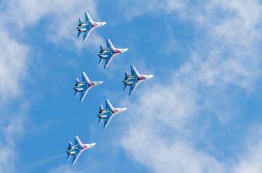 Russian Knights demonstration flights. Russia, Moscow, airport Zhukovsky. August 29, 2015 clipart
