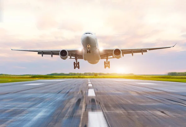Посадка пассажирского самолета на закате на взлетно-посадочной полосе — стоковое фото