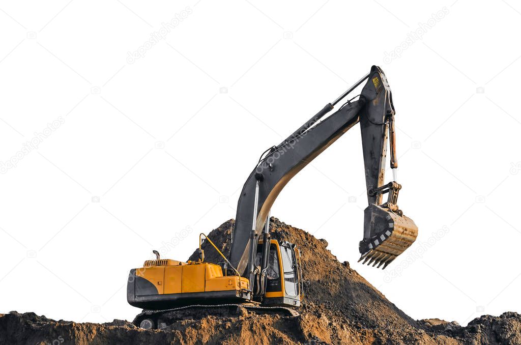 Excavator work on the ground on isolated white background