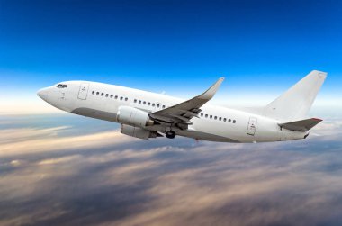 Uçuş seviyesi bir arka plan mavi bir gökyüzü ve bulutlar üzerinde yolcu uçak uçar