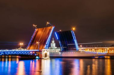 Palace Bridge ve gece üzerinde Neva nehir içinde St. Petersburg Kunstkamera Müzesi.