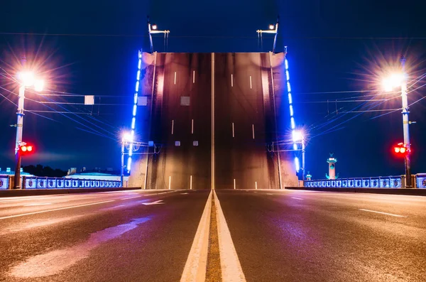 The gate and the road with the dividing strip, the palace bridge at night in St. Petersburg. — Stock Photo, Image