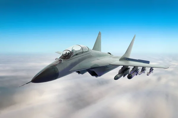Στρατιωτικές μαχητικό αεροσκάφος σε υψηλή ταχύτητα, πετούν ψηλά στον ουρανό. — Φωτογραφία Αρχείου