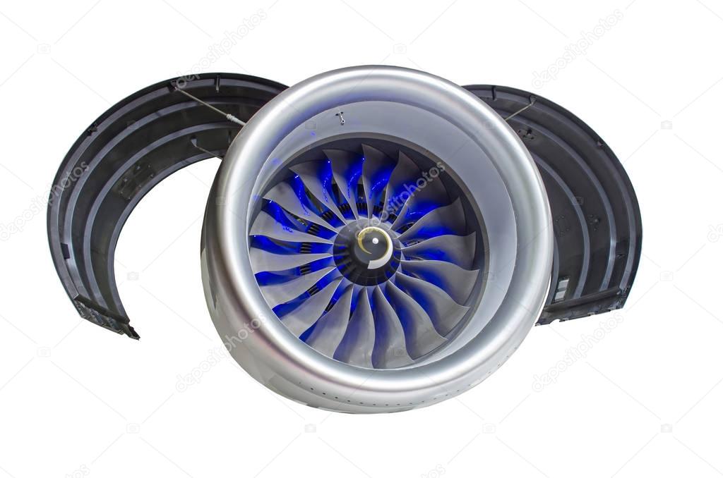 Aircraft engine with hood doors open, isolated on white background.