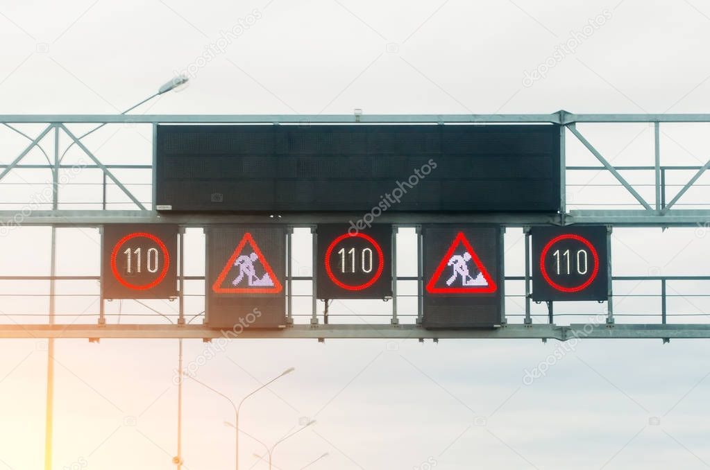 Interactive scoreboard with symbols of traffic signs, speed limit, road repair.