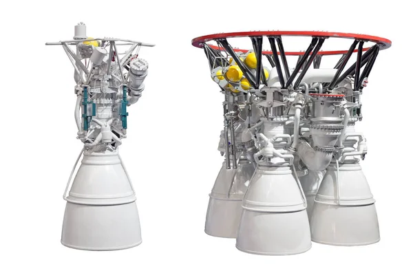 Rocket engines, engine with two nozzles and engine with four nozzles. Isolated on white backgroung.