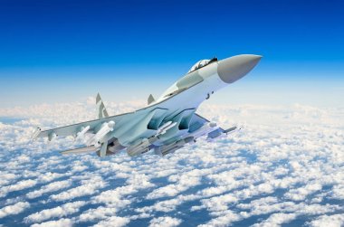 Askeri savaş uçağı uçak bulutların üstünde.