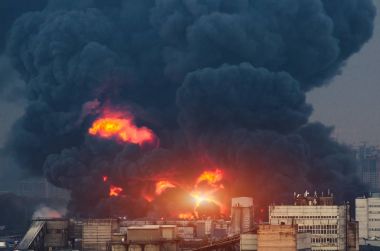 Gaz boru hattı ateş ve siyah duman felaket gaz patlaması.