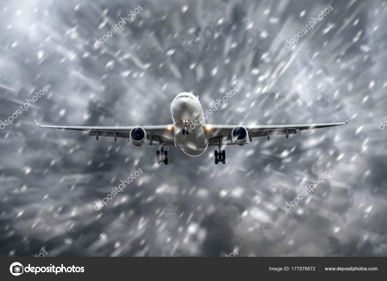 Airplane approaching on a landing in snowstorm bad weather. — Stock