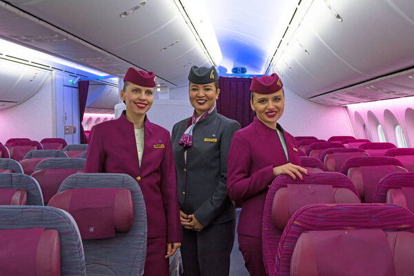 Flight attendants on board Boeing 787 qatar airways airlines, airport Pulkovo, Russia, Saint-Petersburg December 19, 2017.