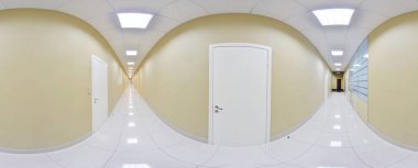 Küresel 360 derece panorama projeksiyon, iç boş uzun koridor kapıları ve girişleri için farklı odalar ile panorama.