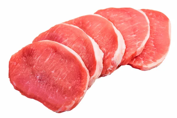 Fünf Stück Schweinefleisch isoliert auf weißem Hintergrund. — Stockfoto