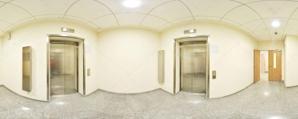 Spherical 360 degrees panorama projection, panorama in interior empty long corridor with doors and entrances to different rooms and lift.