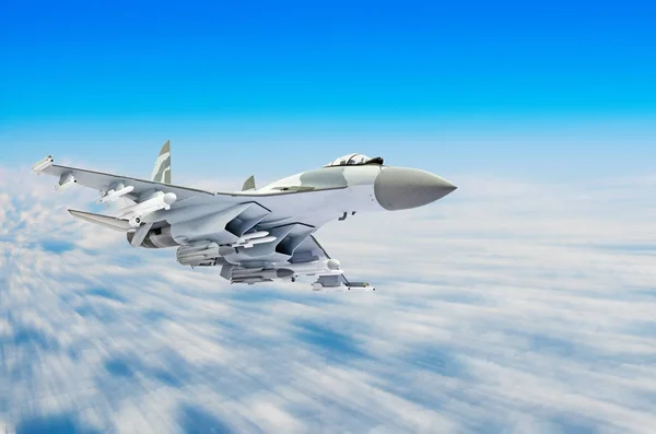 Samolot myśliwski wojskowych przy dużej prędkości, latają wysoko na niebie. — Zdjęcie stockowe