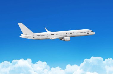 Yolcu uçağı bir trende mavi gökyüzü ve bulutlar üzerinde.