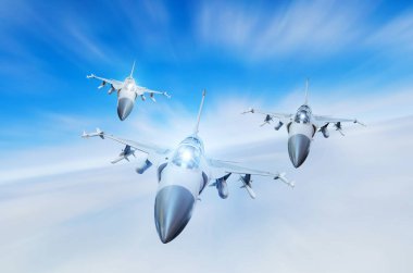 Askeri savaşçıları üç grup uçak yüksek hızda yüksek gökyüzünde uçan jet.