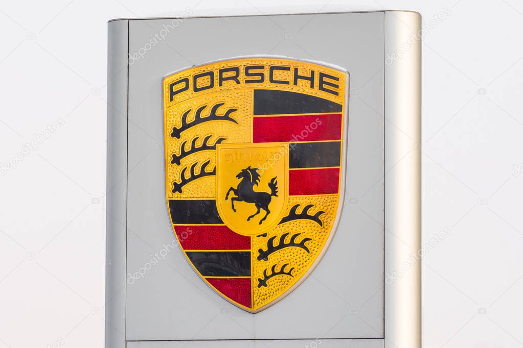 Porsche dealership a logo. Russia. Saint-Petersburg 20 february 2018