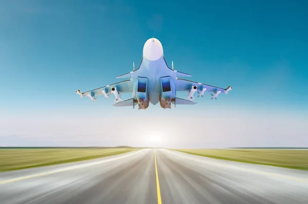 Military fighter jet aircraft at high speed, flying above runway at base. — Stock Photo, Image