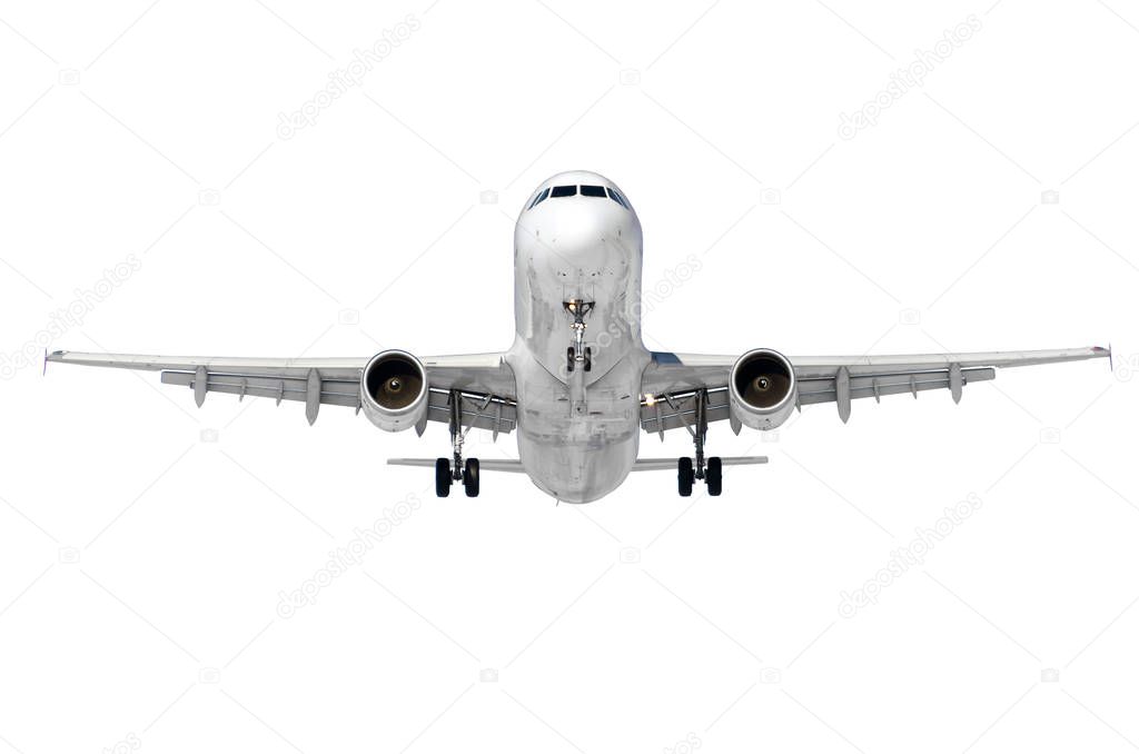 Passenger aircraft, the view is exactly on the nose and the cockpit of the pilots, in the middle. Isolated on white background.