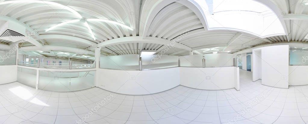 Spherical 360 degrees panorama projection, in interior empty long corridor with doors and entrances to different rooms.