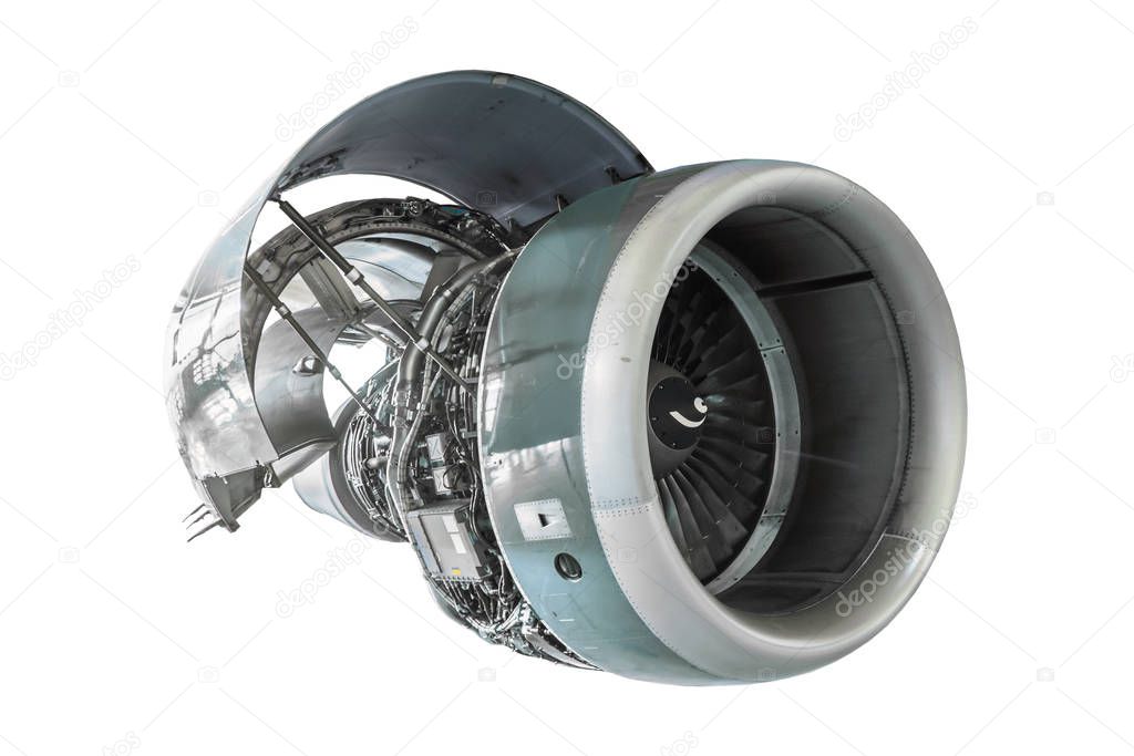 Airplane jet engine with open hood, isolated on white background.