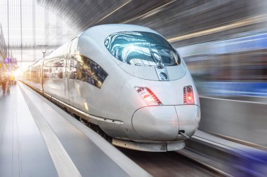 Super streamlined passenger train rides in the city.