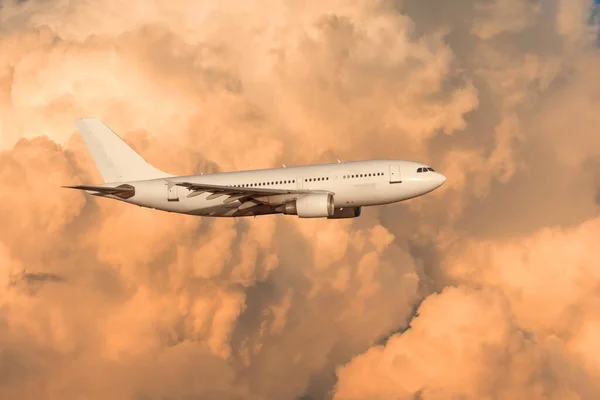 The plane flies on powerful cumulus clouds lit by the setting sun