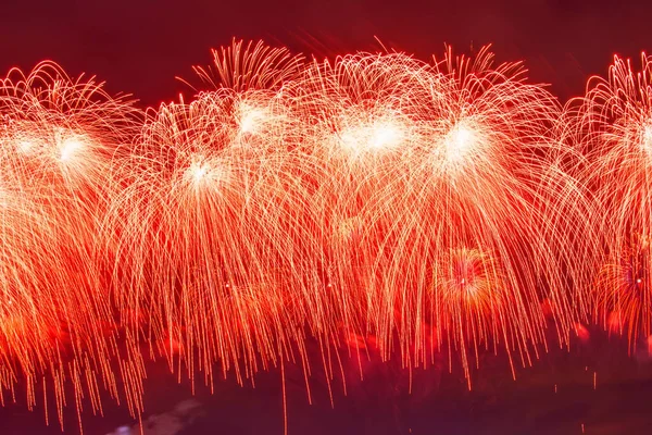 Firework Streaks Red Colors Night Sky Panoramic Wide View Celebration — Stock Photo, Image