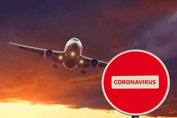 Concept Stop Sign Quarantine Isolation Coronavirus Pandemic Spread Cancelled Airline — Stock Photo, Image