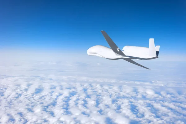 Unmanned aerial vehicle flying high in the sky above the clouds, mission. Elements of this image furnished by NASA