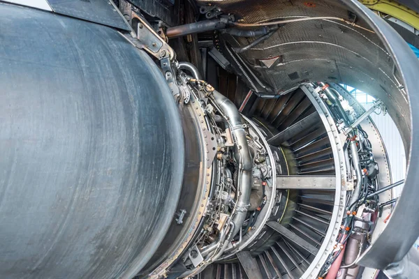 Turbine engine aviation technologies, aircraft jet engine detail in the exposition