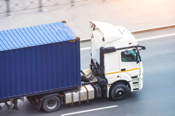 White Truck Blue Container Trailer Rides City Highway Side Aerial — Stock Photo, Image