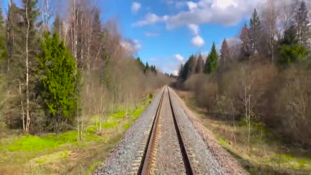 火车开动时 在春天阳光明媚的天气里 在树林中穿梭 欣赏铁路的美景 — 图库视频影像