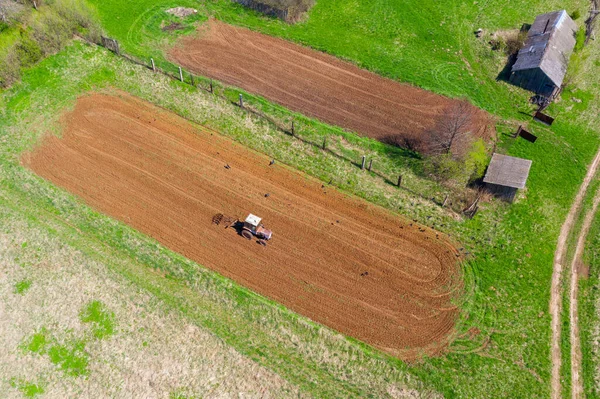 Tractor Plows Small Field Village Planting Vegetables Aerial Top View — Stock Photo, Image